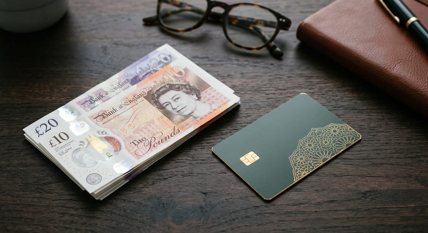 A conceptual Sharia-compliant dark green payment card with Islamic gold patterns next to British Pound notes, representing alternatives to Halal credit cards in the UK.