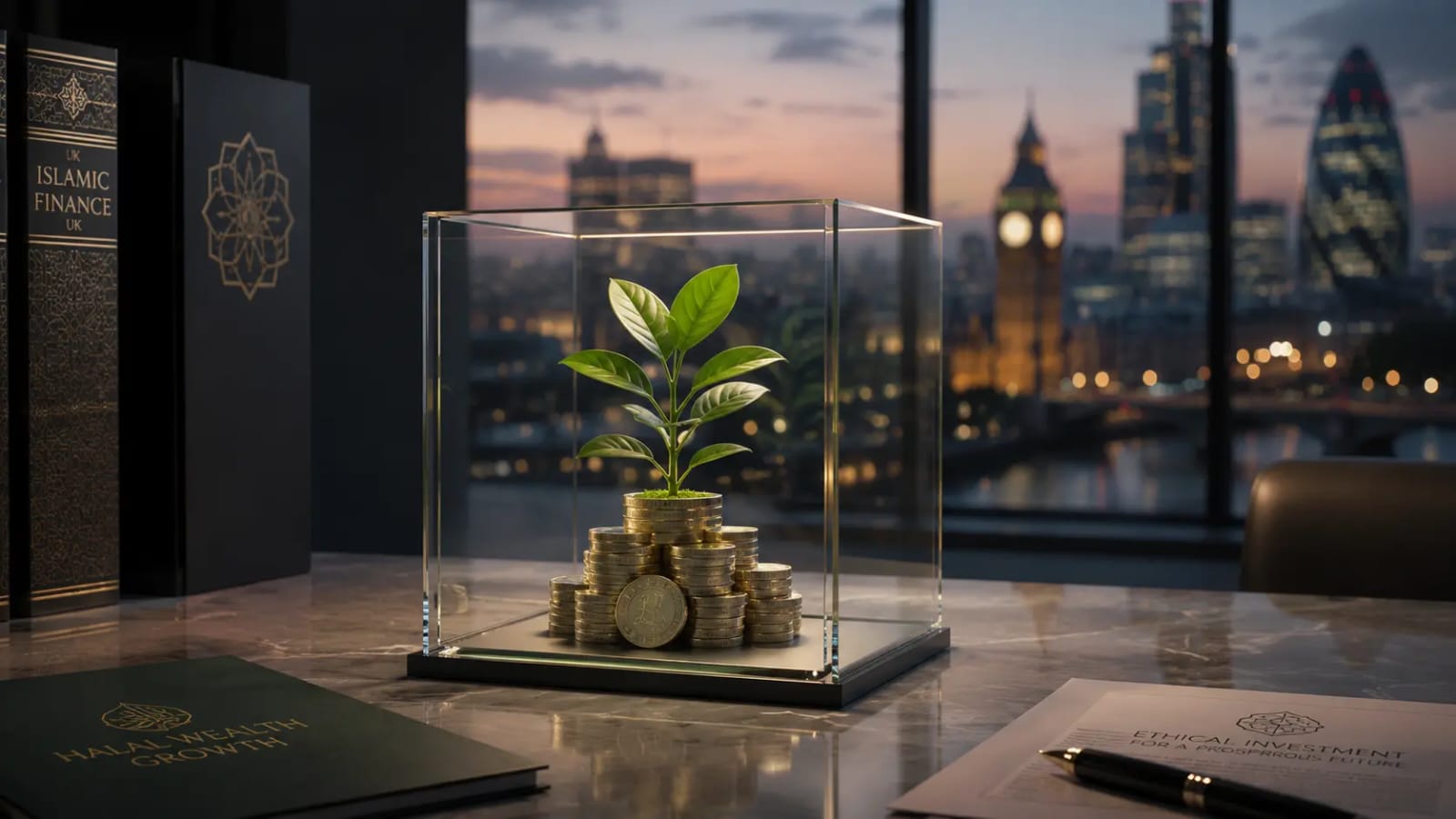 Concept of a Halal ISA UK demonstrating tax-free ethical wealth growth, featuring a green plant growing from coins inside a protective glass wrapper with the London skyline in the background.
