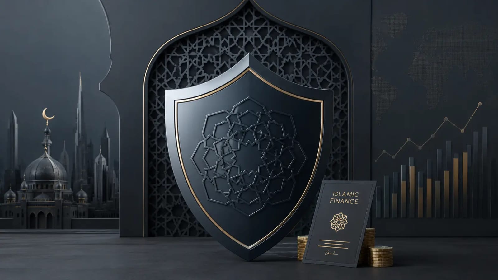 A protective shield with Islamic patterns and a finance document representing the security of halal life insurance in the UK.