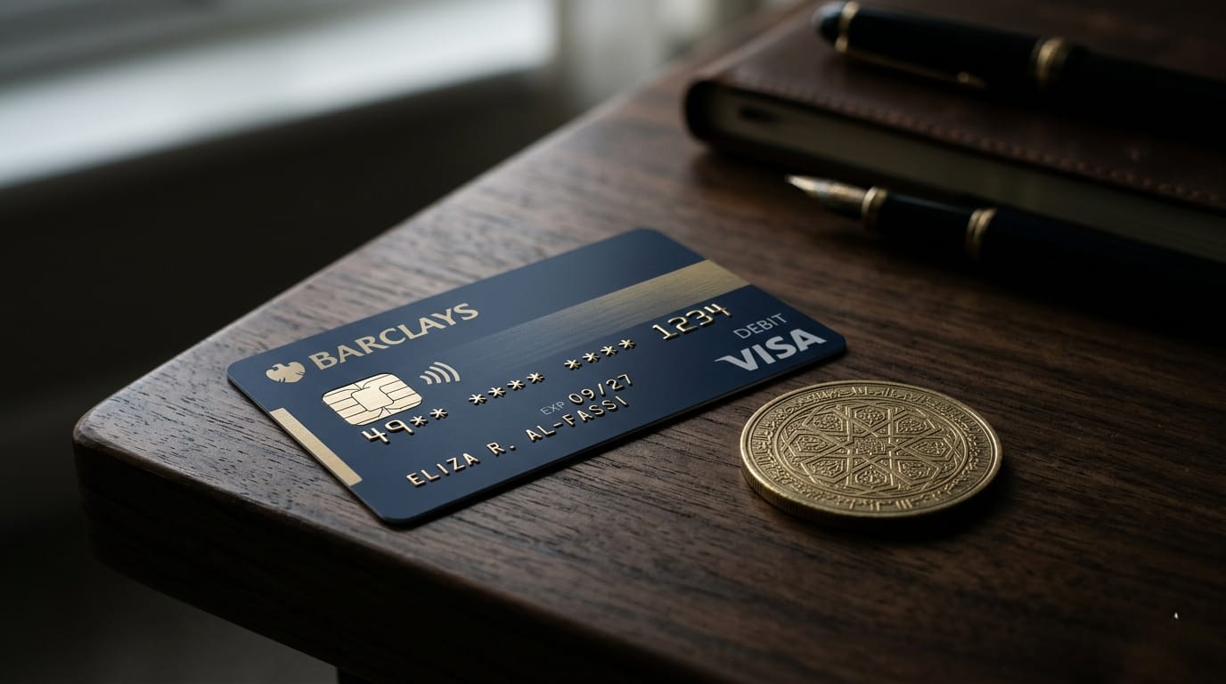Close up of a bank debit card next to a gold coin with Islamic geometric patterns symbolizing ethical finance for halal savings accounts UK
