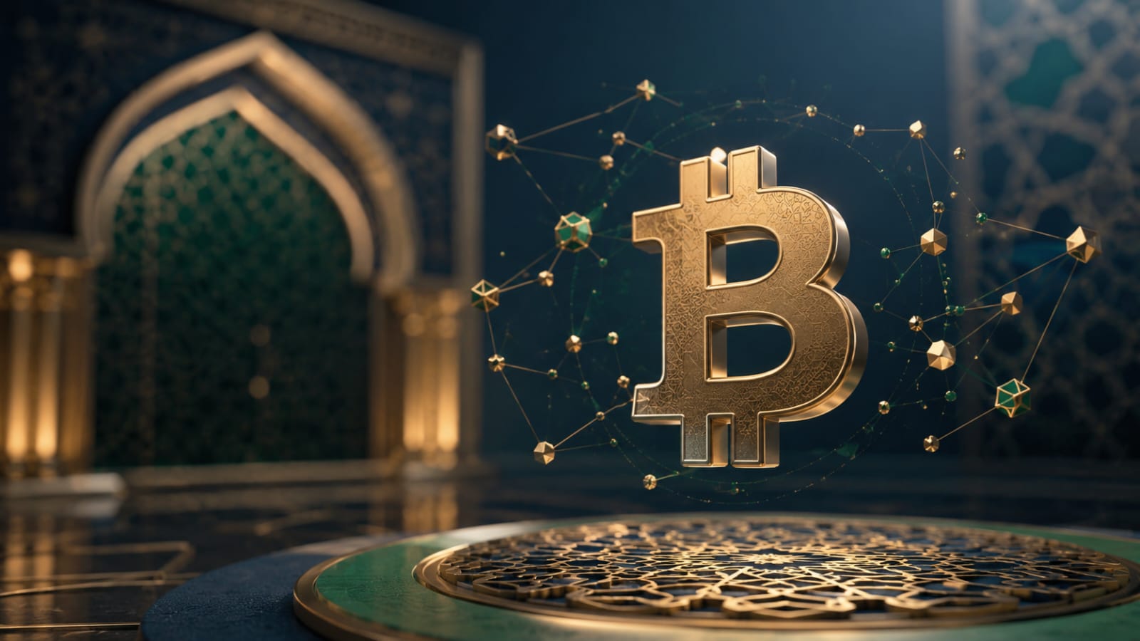 A golden Bitcoin symbol floating over Islamic geometric patterns, illustrating the complete guide on is crypto halal UK for Muslim investors.