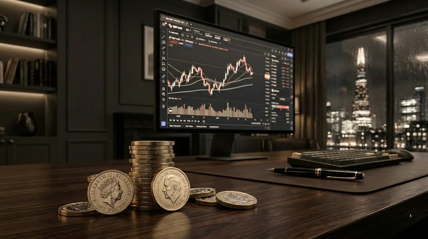Stack of British Pound coins and a forex trading chart on a computer monitor, representing the complete guide on is forex trading halal in the UK.
