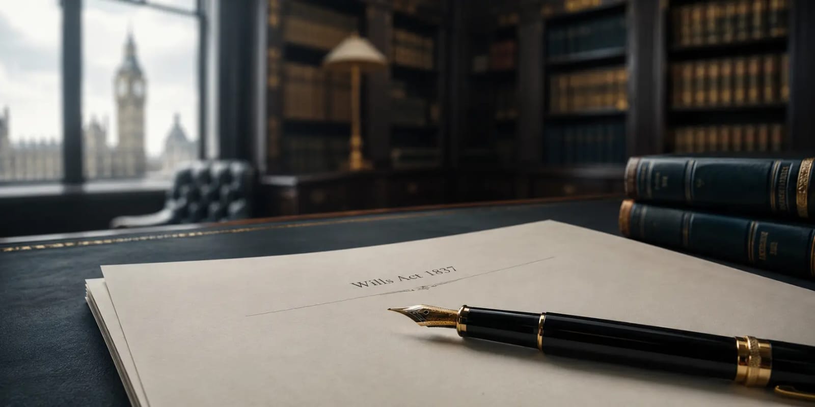 A luxury fountain pen resting on a Wills Act 1837 document, illustrating the legal process of drafting valid Islamic wills UK in a London solicitor office.