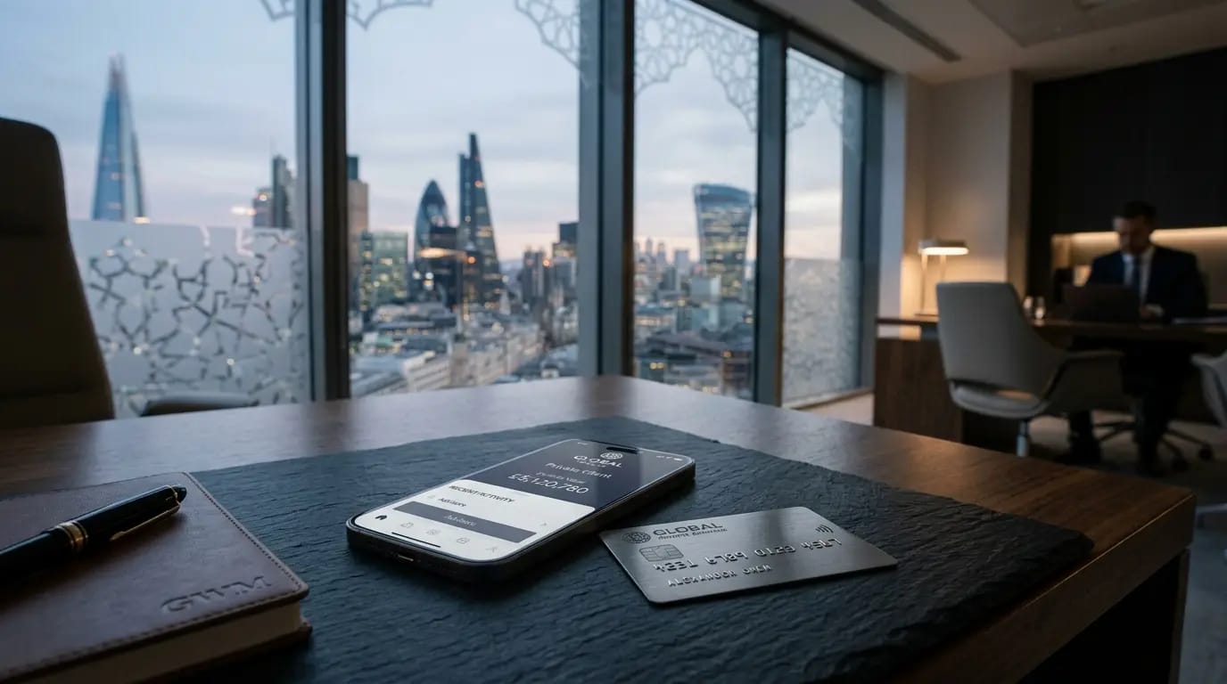 Al Rayan Bank Review 2026: A premium banking interface on a smartphone and a metal card on a desk overlooking the London financial district.
