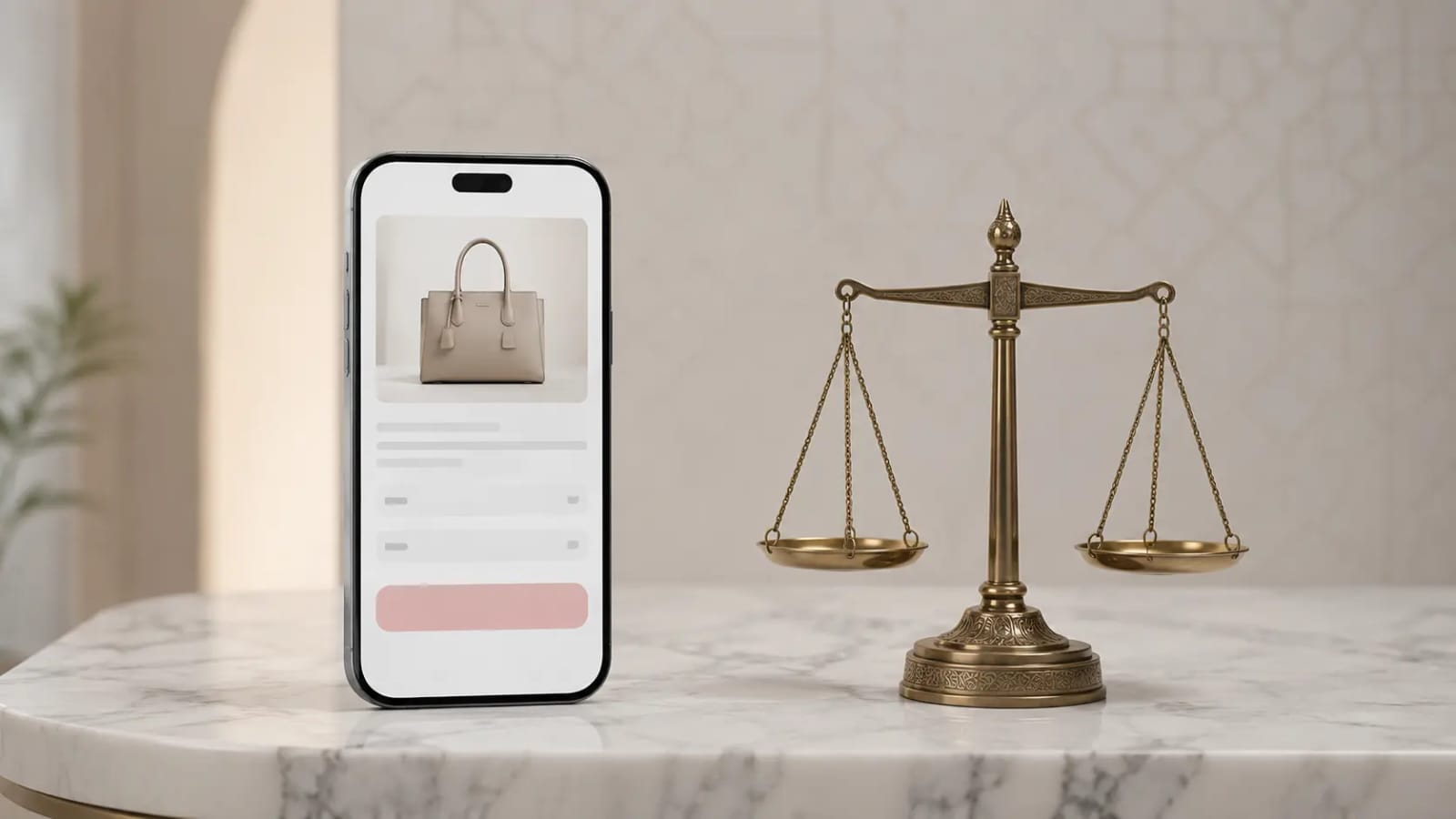 A smartphone showing a pink buy now pay later checkout screen next to a balance scale, illustrating the Islamic finance analysis of is Klarna halal for UK Muslims.