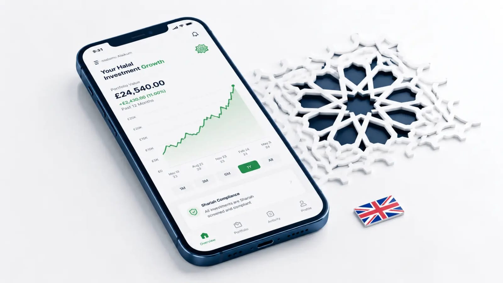 Smartphone showing a halal investment portfolio chart next to an Islamic pattern and a UK flag, illustrating is Trading 212 halal UK.
