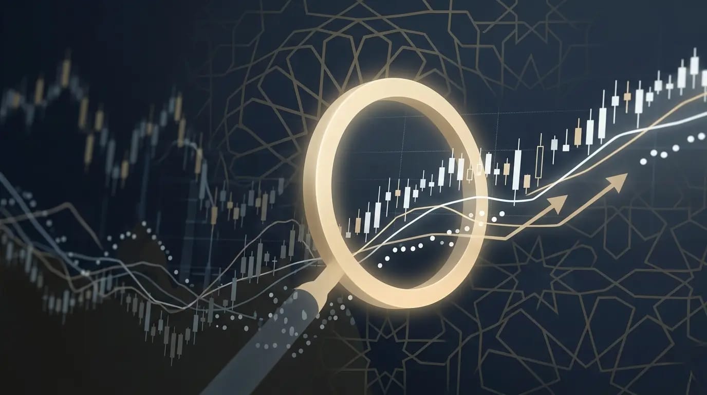 A financial magnifying glass analyzing stock market charts to determine if Vanguard S&P 500 is halal for UK investors.