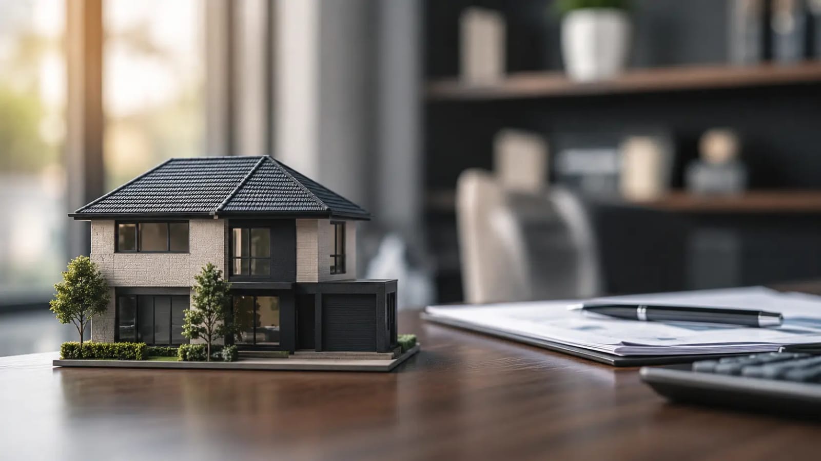 A miniature modern house model on a wooden desk with financial documents, illustrating our comprehensive Pfida Review UK for halal home buying.