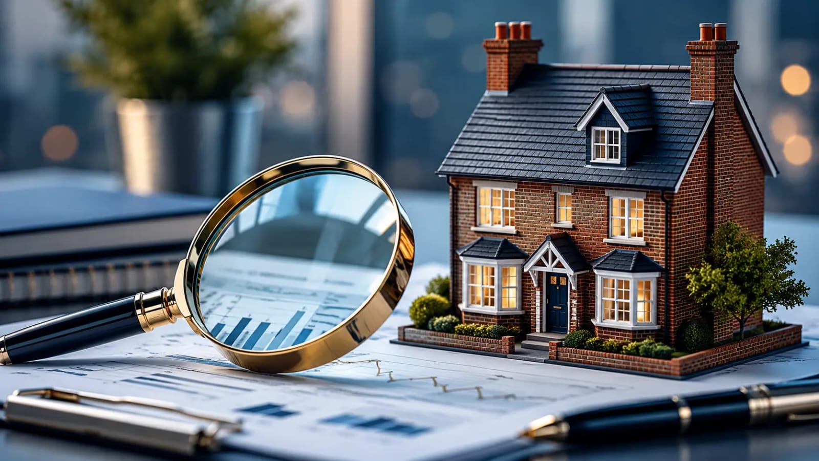 A magnifying glass over financial charts and a miniature house representing an in-depth Yielders Review UK for halal property investors.